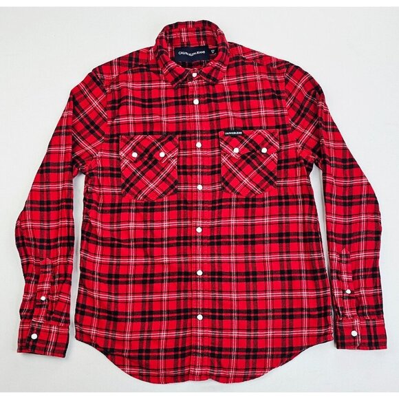 Calvin Klein Jeans Size Small Men Red Black White Flannel Snap Plaid Pocket Logo - Picture 1 of 11